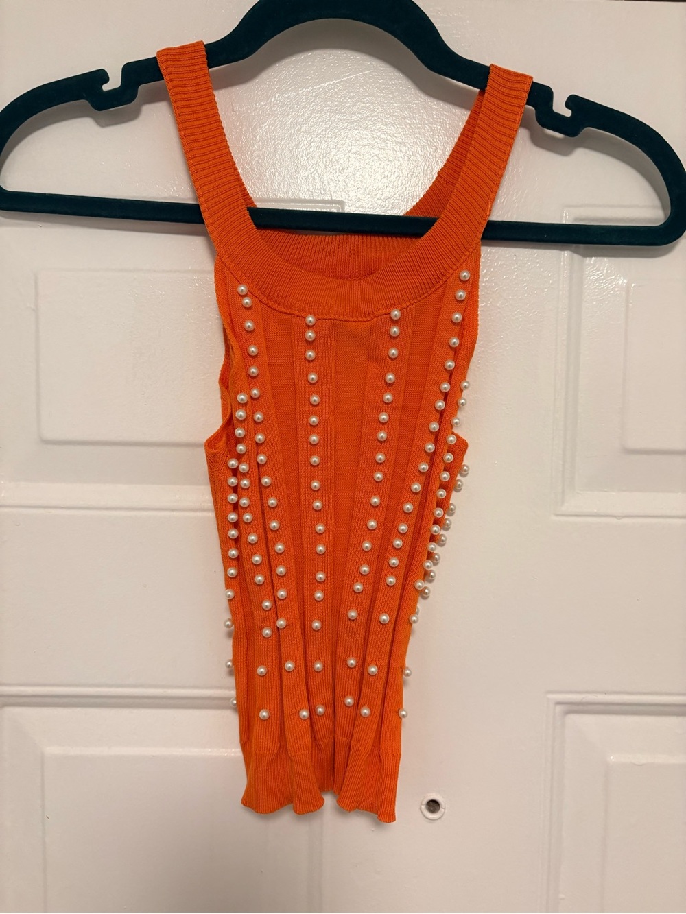 Girls Orange Pearl-Studded Ribbed One-Piece Tank